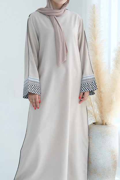 Yasmin Keffiyeh Inspired Peace Dove Pattern Embroidery Maxi Dress Abaya 764 - Beige