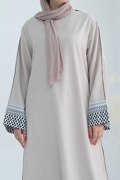 Yasmin Keffiyeh Inspired Peace Dove Pattern Embroidery Maxi Dress Abaya 764 - Beige