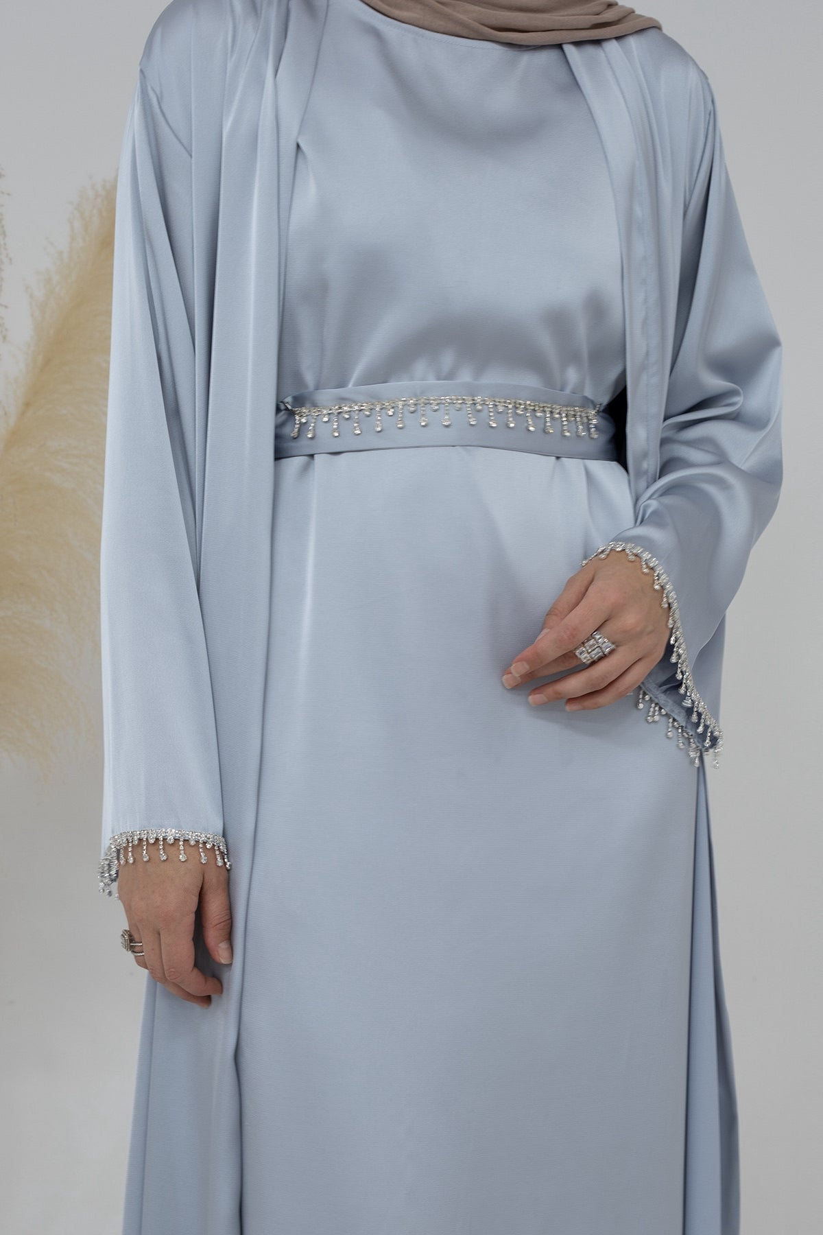 Luna 2PCS Crystal Beads Sleeves Satin Abaya Set with Crystal Chain - Light Gray