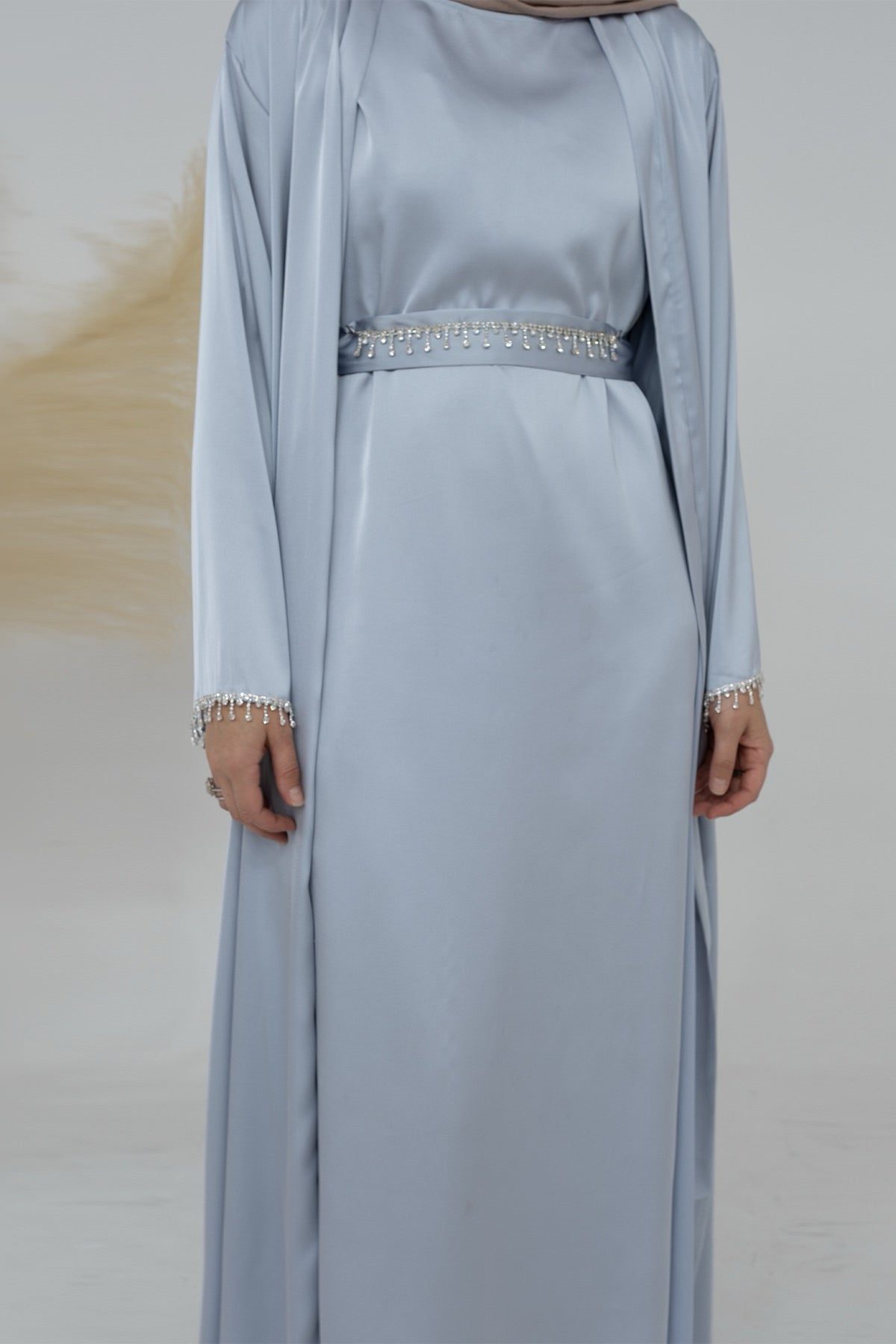 Luna 2PCS Crystal Beads Sleeves Satin Abaya Set with Crystal Chain - Light Gray