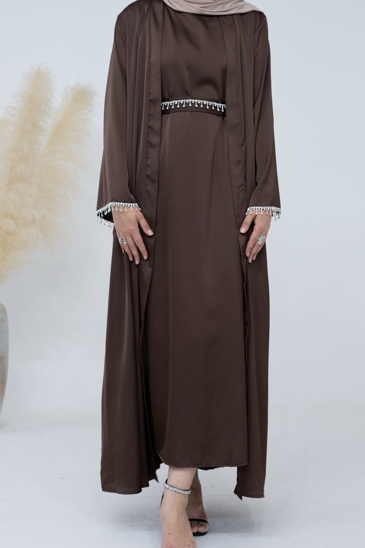 Luna 2PCS Crystal Beads Sleeves Satin Abaya Set with Crystal Chain - Coffee
