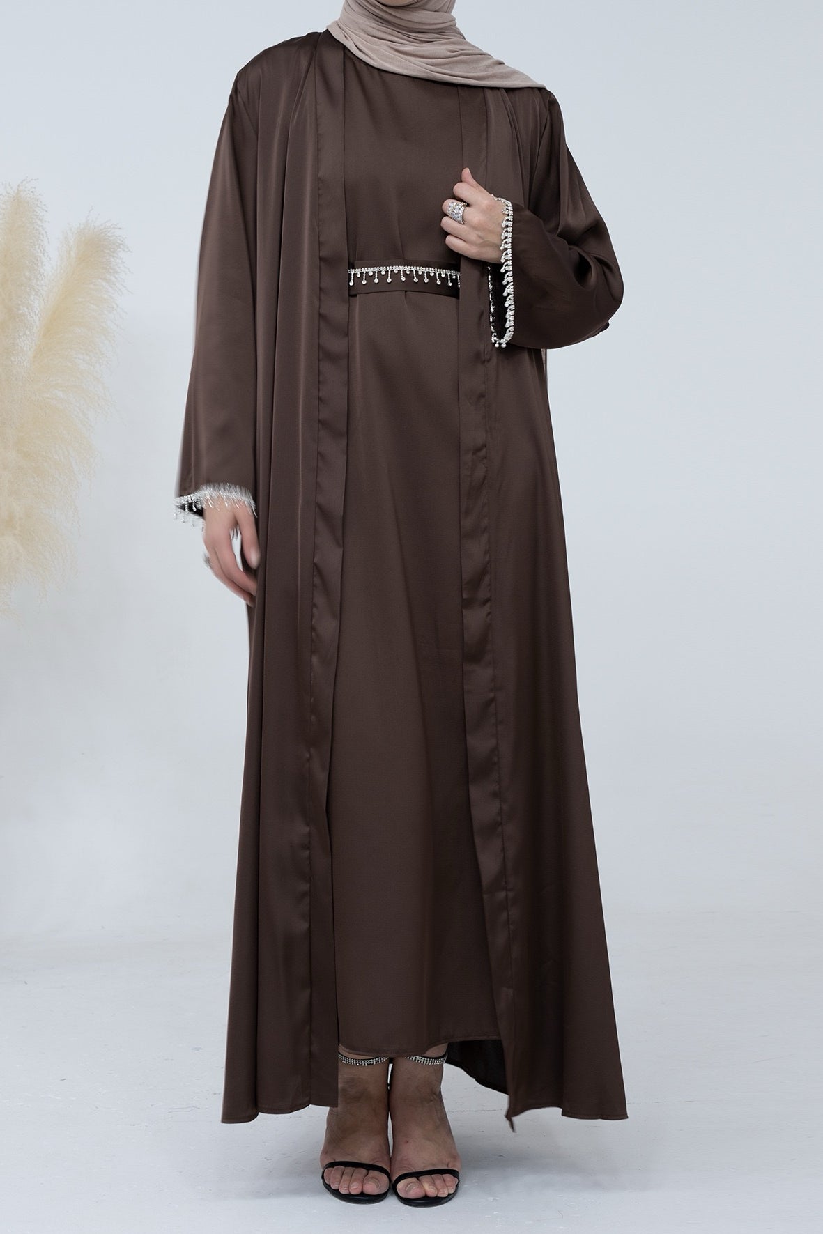 Luna 2PCS Crystal Beads Sleeves Satin Abaya Set with Crystal Chain - Coffee