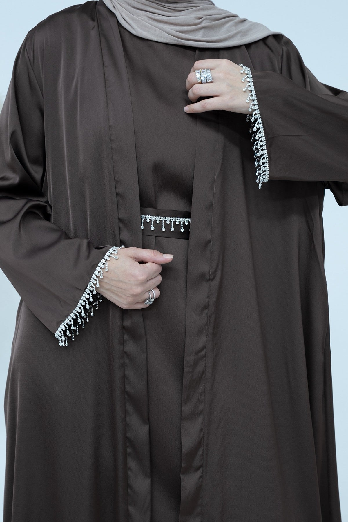 Luna 2PCS Crystal Beads Sleeves Satin Abaya Set with Crystal Chain - Coffee