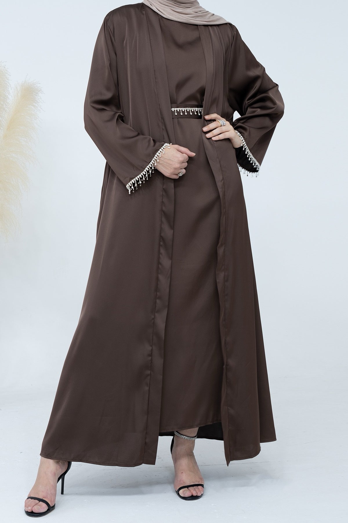 Luna 2PCS Crystal Beads Sleeves Satin Abaya Set with Crystal Chain - Coffee