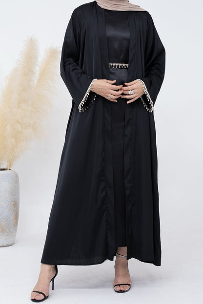 Luna 2PCS Crystal Beads Sleeves Satin Abaya Set with Crystal Chain - Black