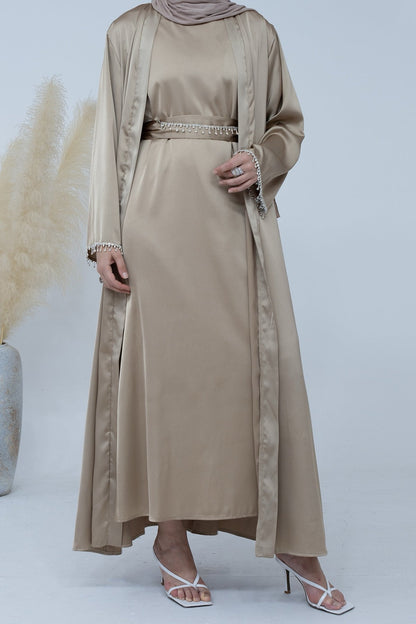 Luna 2PCS Crystal Beads Sleeves Satin Abaya Set with Crystal Chain - Khaki