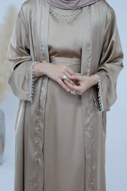 Luna 2PCS Crystal Beads Sleeves Satin Abaya Set with Crystal Chain - Khaki