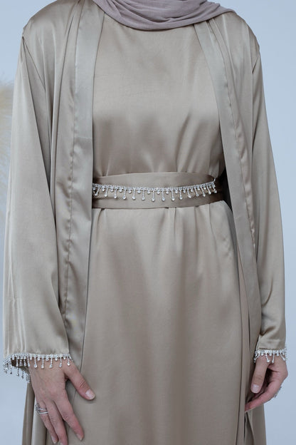 Luna 2PCS Crystal Beads Sleeves Satin Abaya Set with Crystal Chain - Khaki