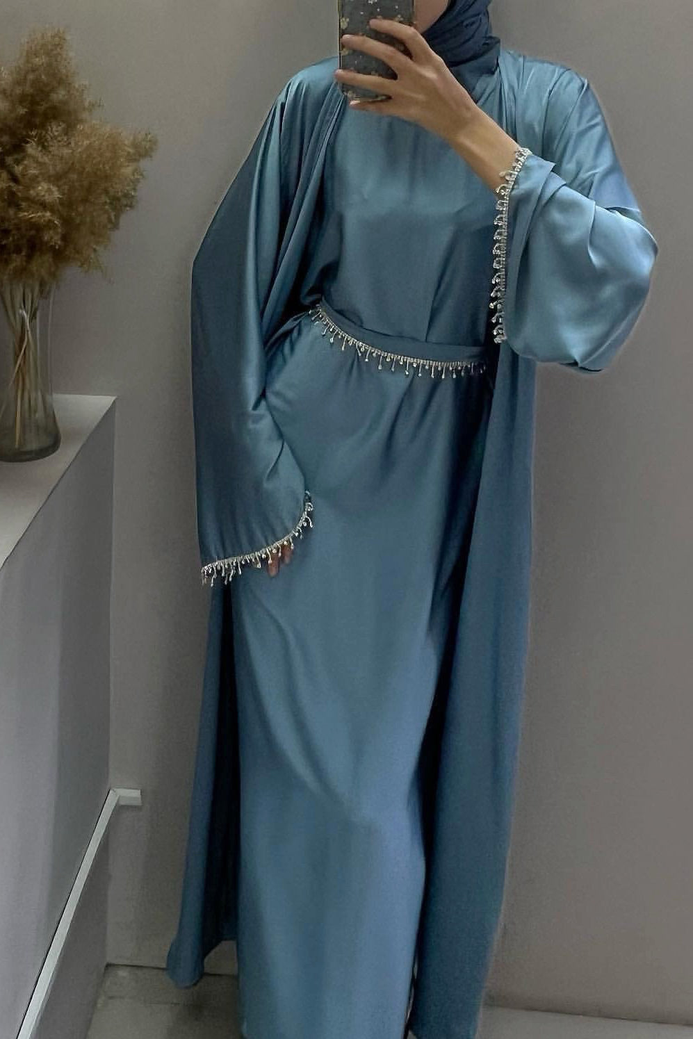 Luna 2PCS Crystal Beads Sleeves Satin Abaya Set with Crystal Chain - Blue