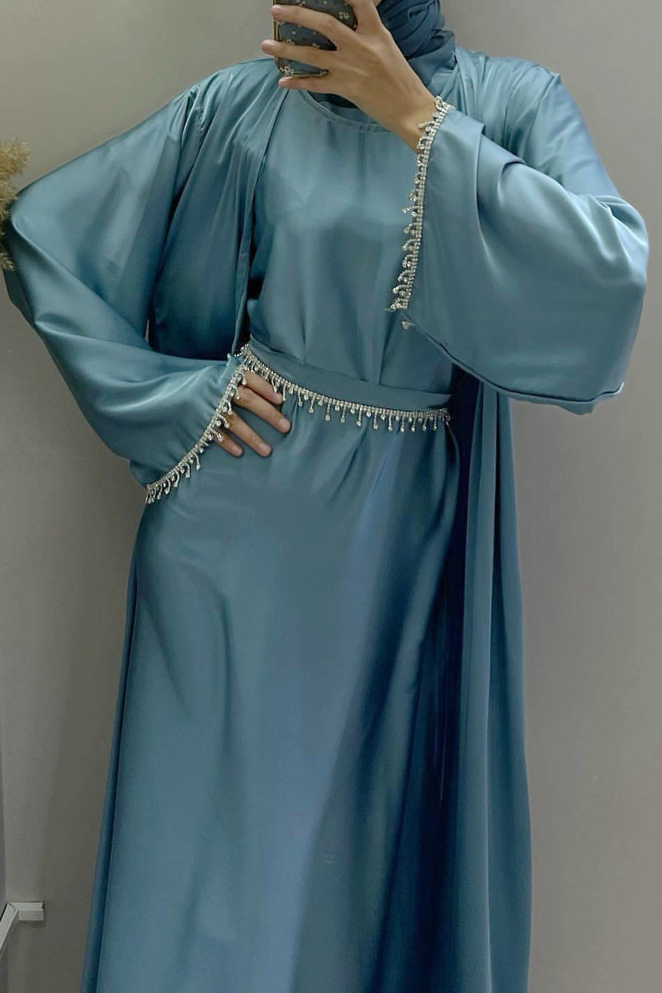 Luna 2PCS Crystal Beads Sleeves Satin Abaya Set with Crystal Chain - Blue