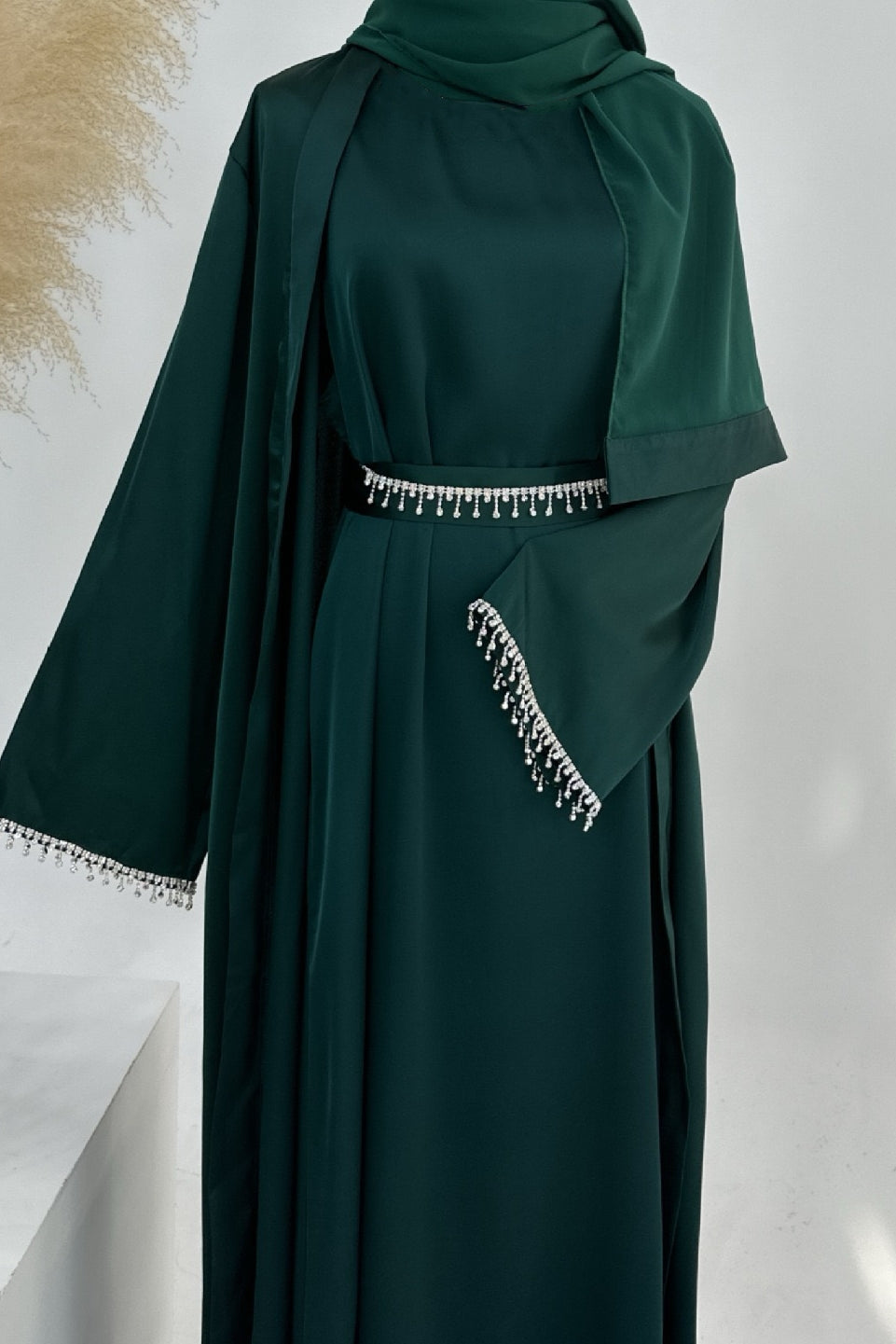 Luna 2PCS Crystal Beads Sleeves Satin Abaya Set with Crystal Chain - Dark Green