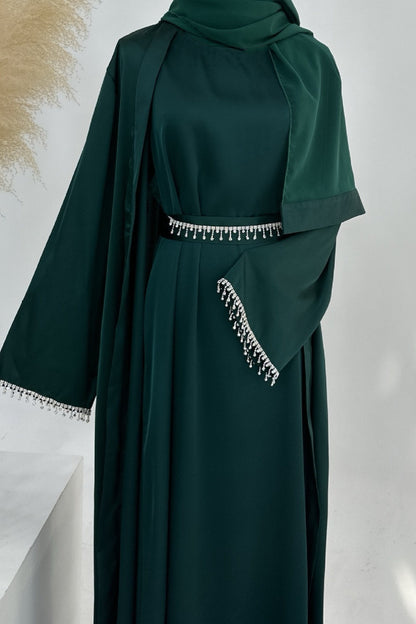 Luna 2PCS Crystal Beads Sleeves Satin Abaya Set with Crystal Chain - Dark Green