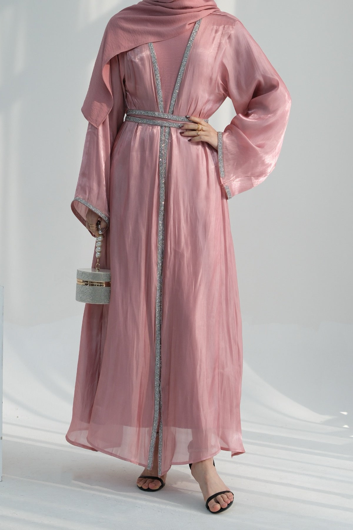 Ahmed Satin Open Abaya with Shiny Belt 699 - Pink