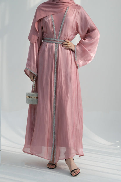 Ahmed Satin Open Abaya with Shiny Belt 699 - Pink