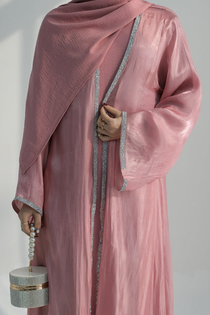 Ahmed Satin Open Abaya with Shiny Belt 699 - Pink