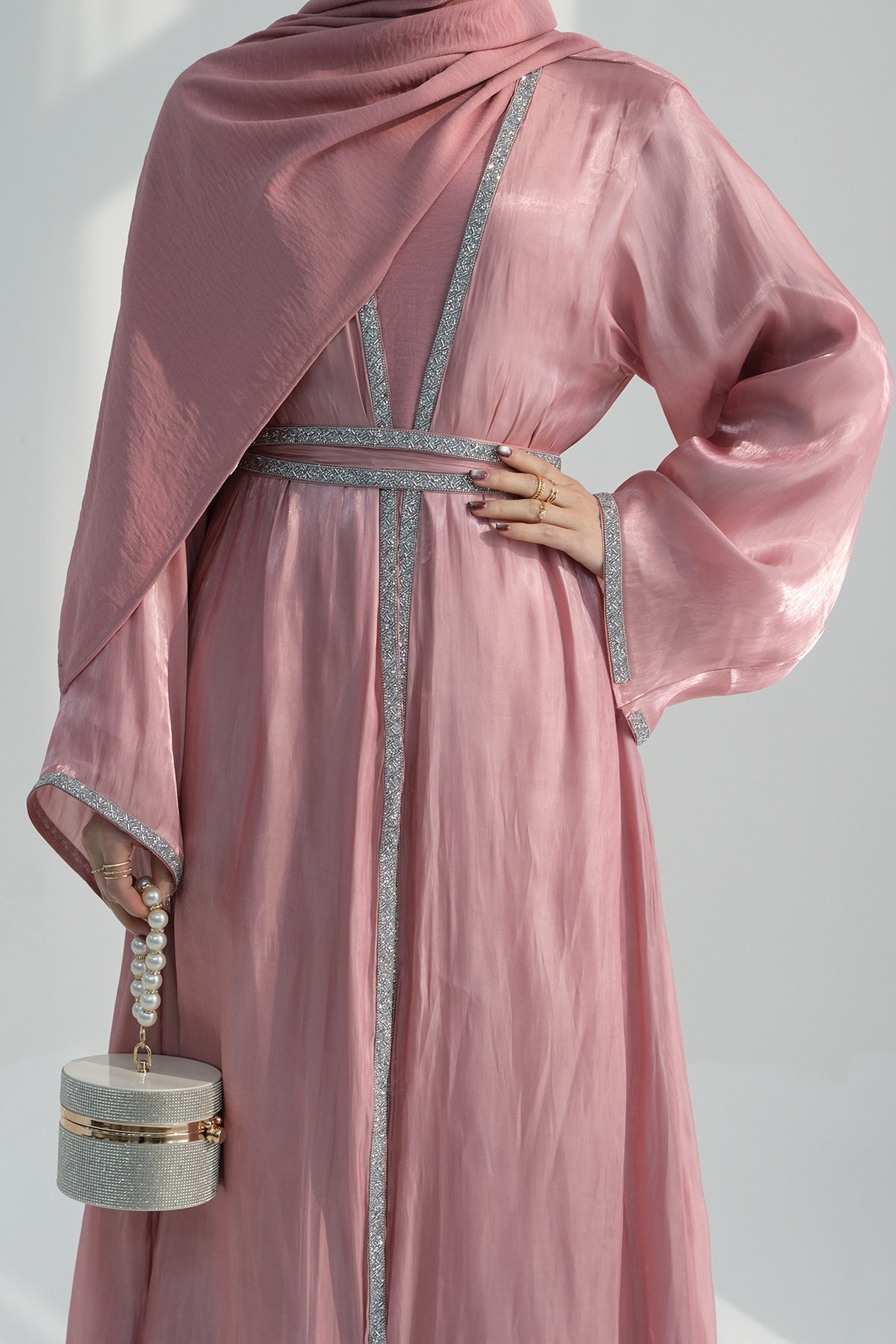 Ahmed Satin Open Abaya with Shiny Belt 699 - Pink