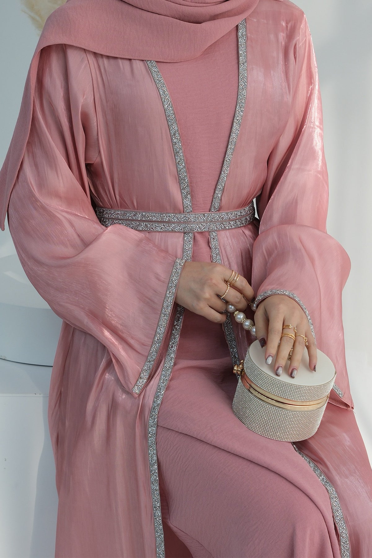 Ahmed Satin Open Abaya with Shiny Belt 699 - Pink