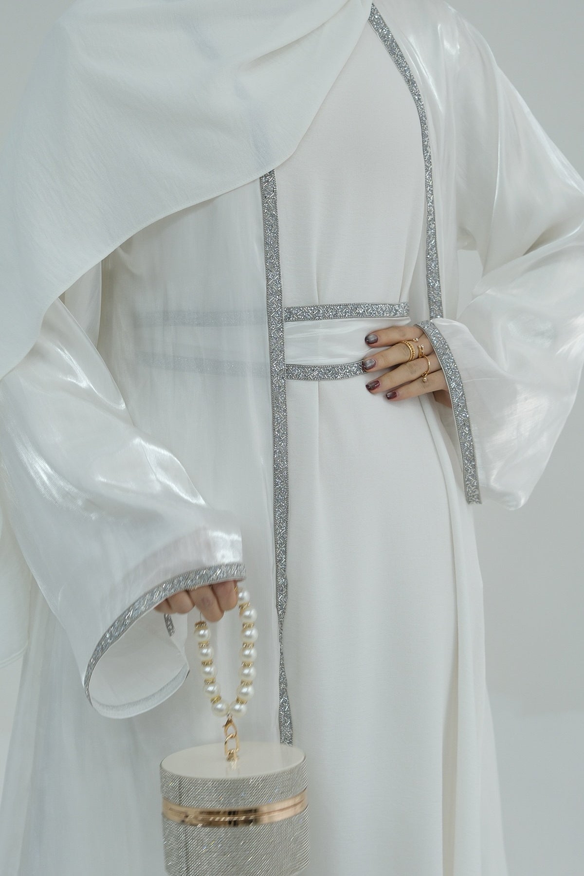 Ahmed Satin Open Abaya with Shiny Belt 699 - White