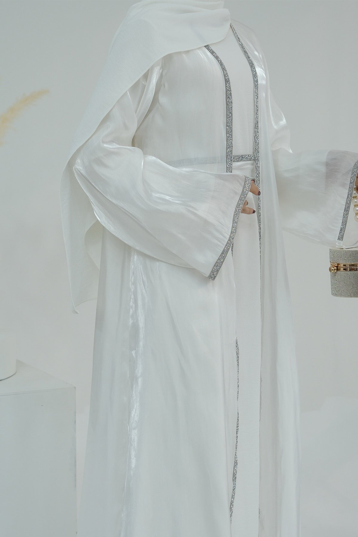 Ahmed Satin Open Abaya with Shiny Belt 699 - White