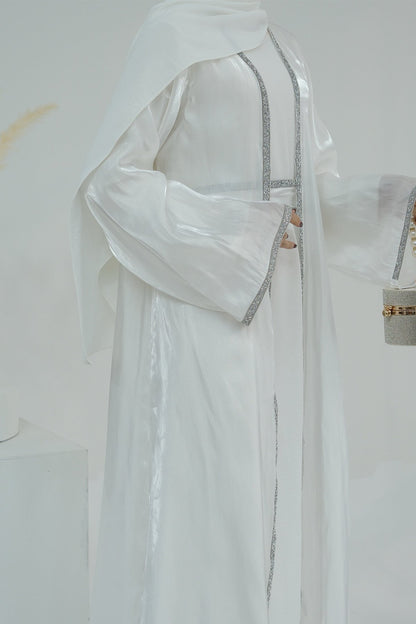 Ahmed Satin Open Abaya with Shiny Belt 699 - White