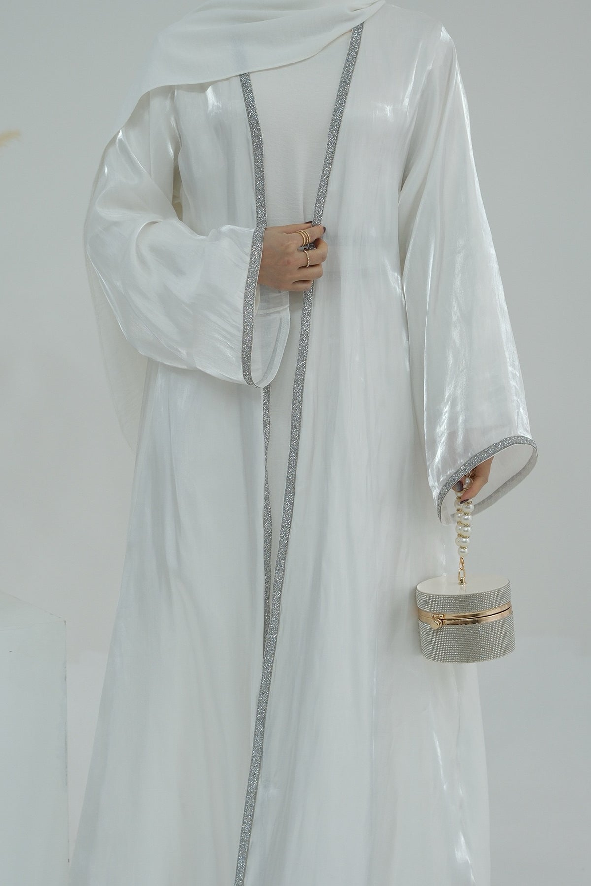 Ahmed Satin Open Abaya with Shiny Belt 699 - White