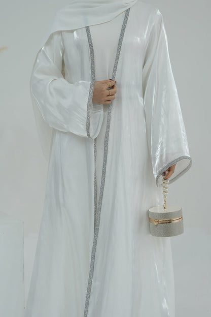 Ahmed Satin Open Abaya with Shiny Belt 699 - White
