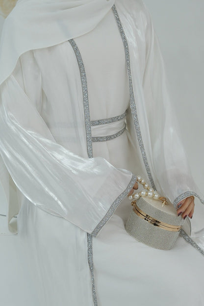 Ahmed Satin Open Abaya with Shiny Belt 699 - White