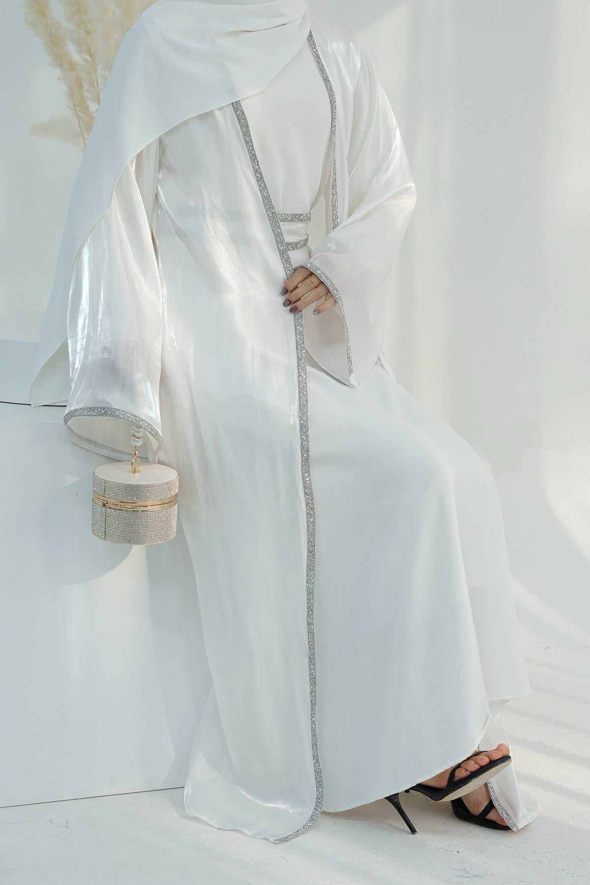 Ahmed Satin Open Abaya with Shiny Belt 699 - White