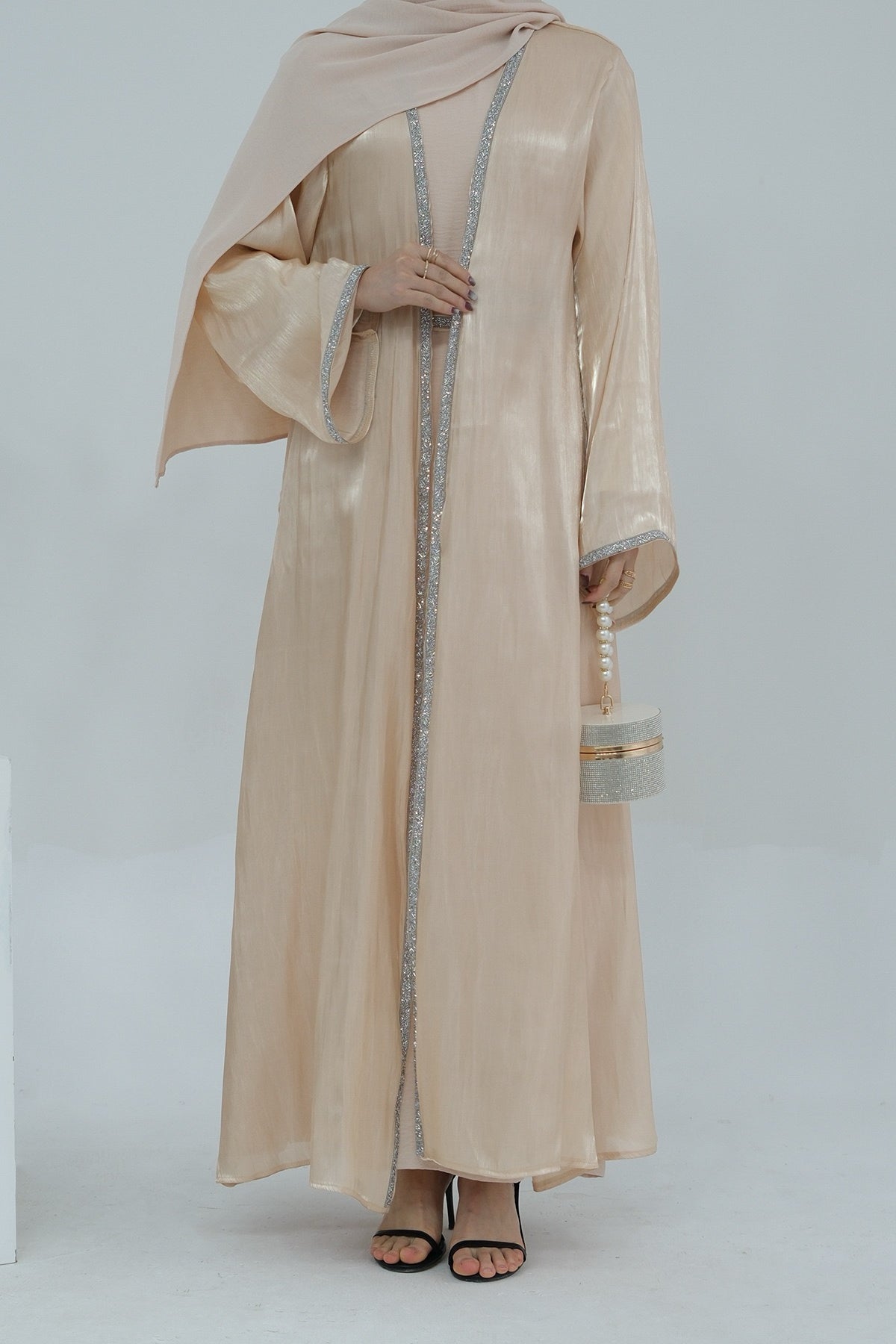 Ahmed Satin Open Abaya with Shiny Belt 699 - Beige