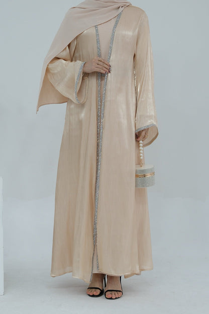 Ahmed Satin Open Abaya with Shiny Belt 699 - Beige