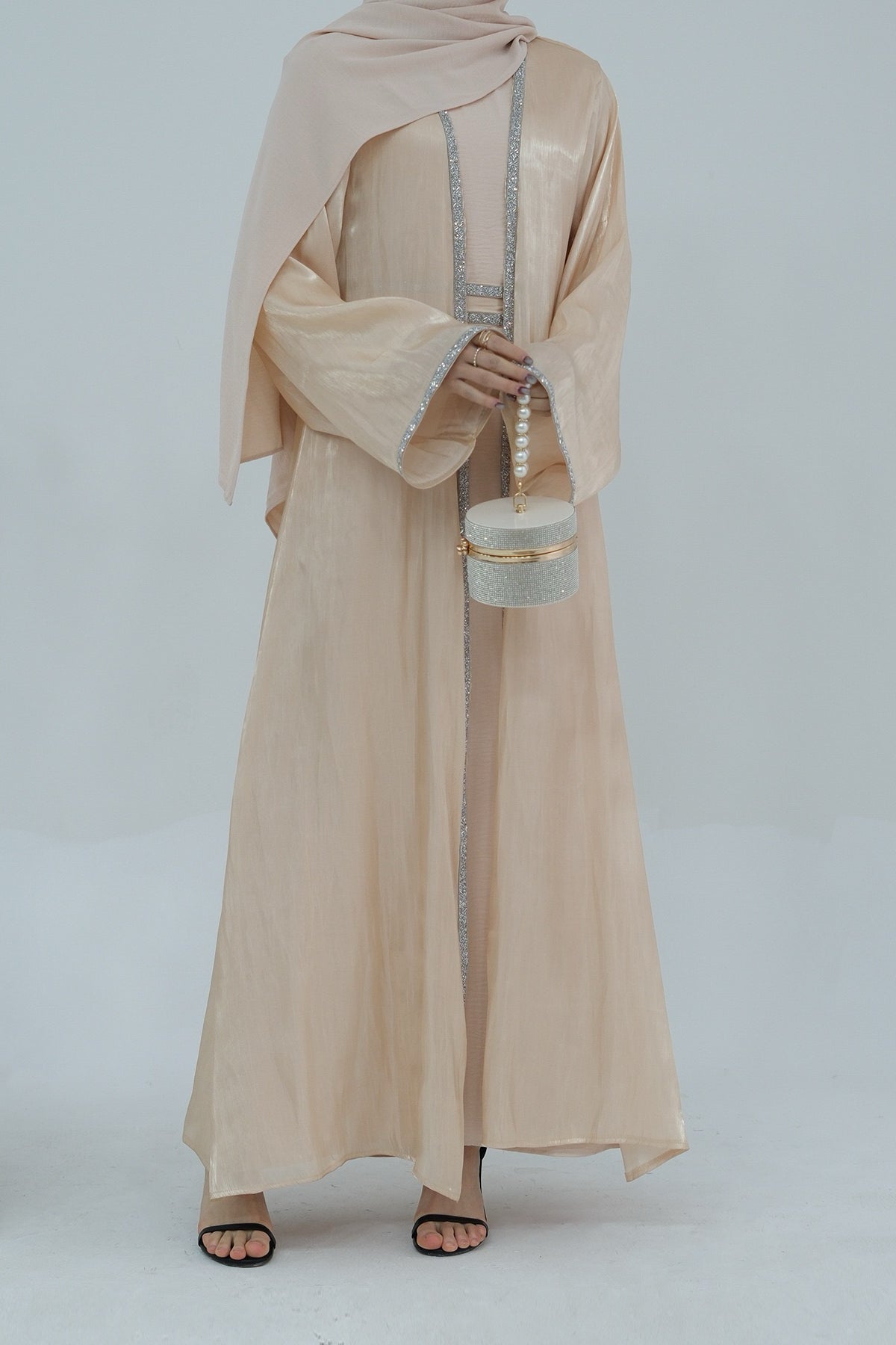 Ahmed Satin Open Abaya with Shiny Belt 699 - Beige
