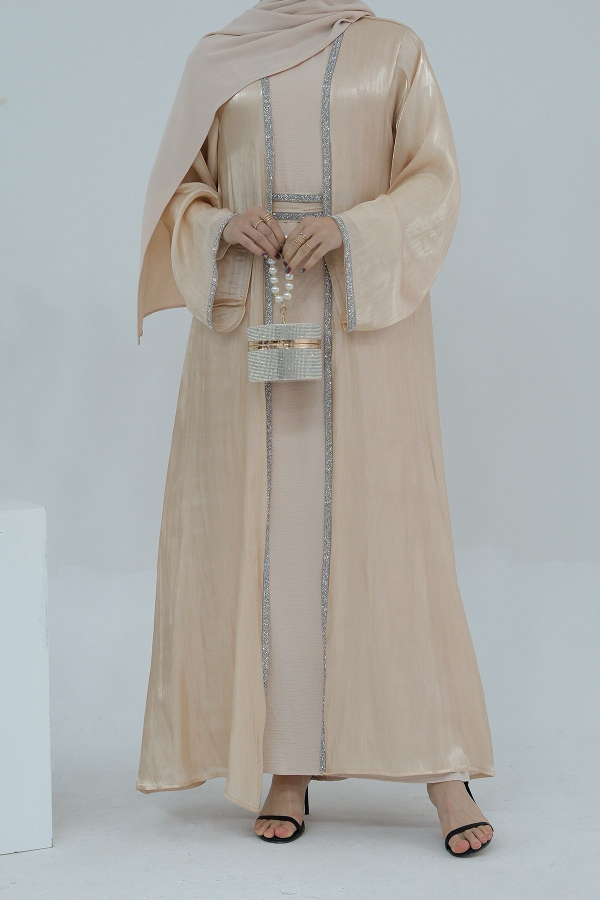 Ahmed Satin Open Abaya with Shiny Belt 699 - Beige