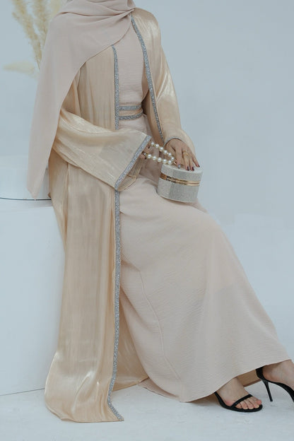 Ahmed Satin Open Abaya with Shiny Belt 699 - Beige