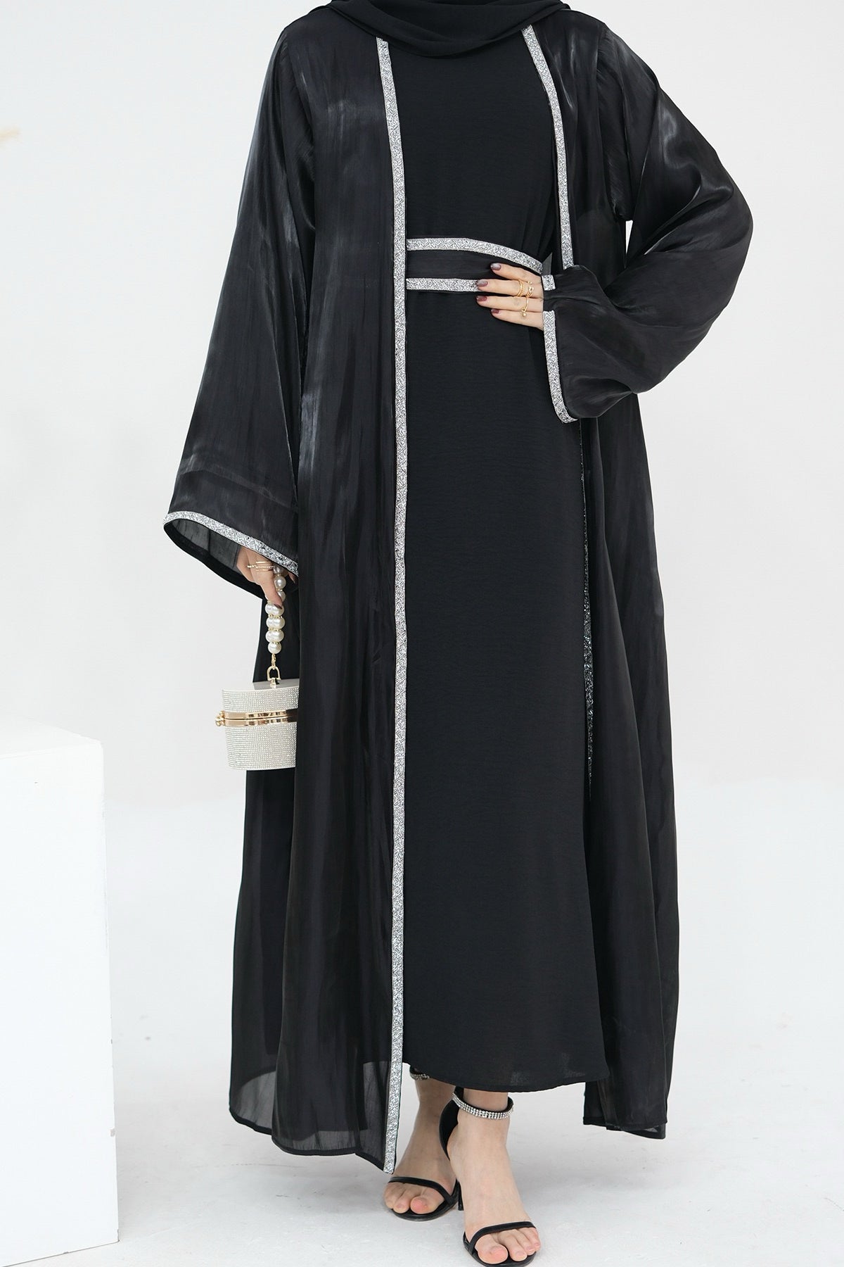 Ahmed Satin Open Abaya with Shiny Belt 699 - Black
