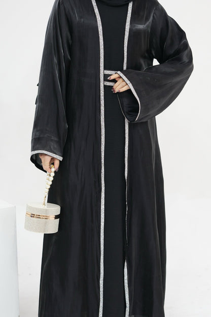 Ahmed Satin Open Abaya with Shiny Belt 699 - Black