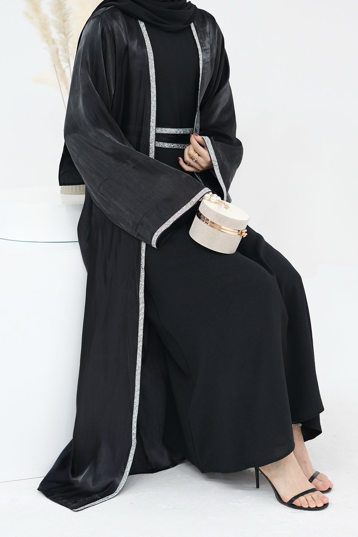 Ahmed Satin Open Abaya with Shiny Belt 699 - Black