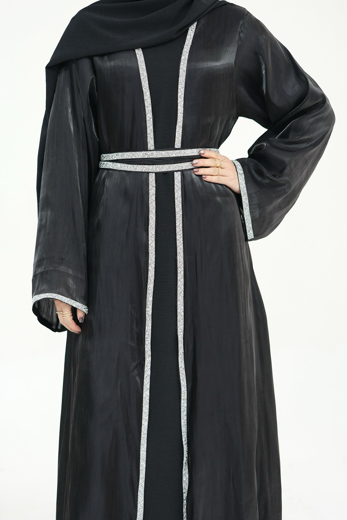 Ahmed Satin Open Abaya with Shiny Belt 699 - Black
