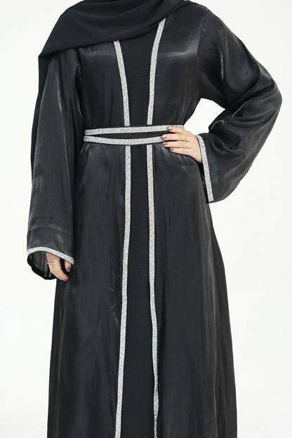Ahmed Satin Open Abaya with Shiny Belt 699 - Black