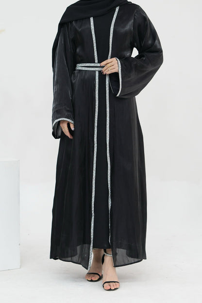 Ahmed Satin Open Abaya with Shiny Belt 699 - Black