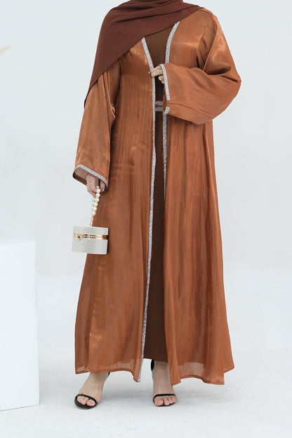 Ahmed Satin Open Abaya with Shiny Belt 699 - Coffee