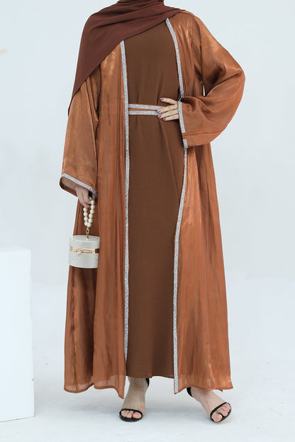 Ahmed Satin Open Abaya with Shiny Belt 699 - Coffee