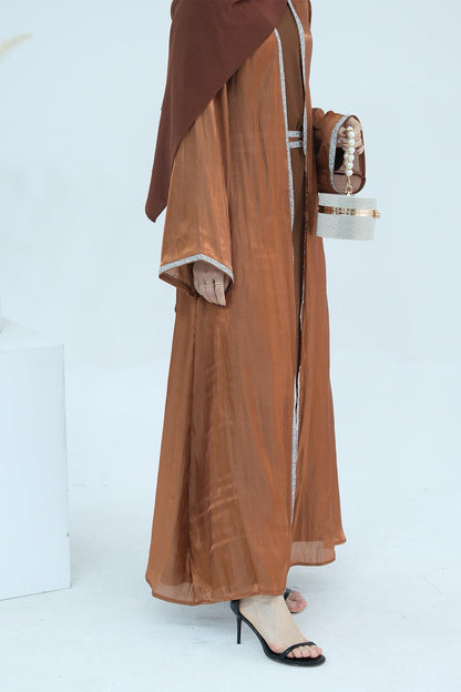 Ahmed Satin Open Abaya with Shiny Belt 699 - Coffee