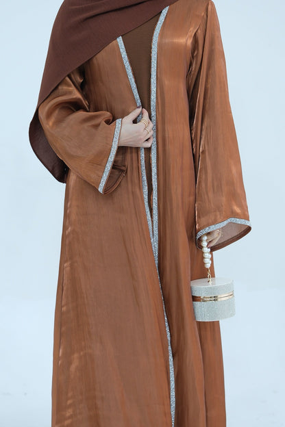 Ahmed Satin Open Abaya with Shiny Belt 699 - Coffee