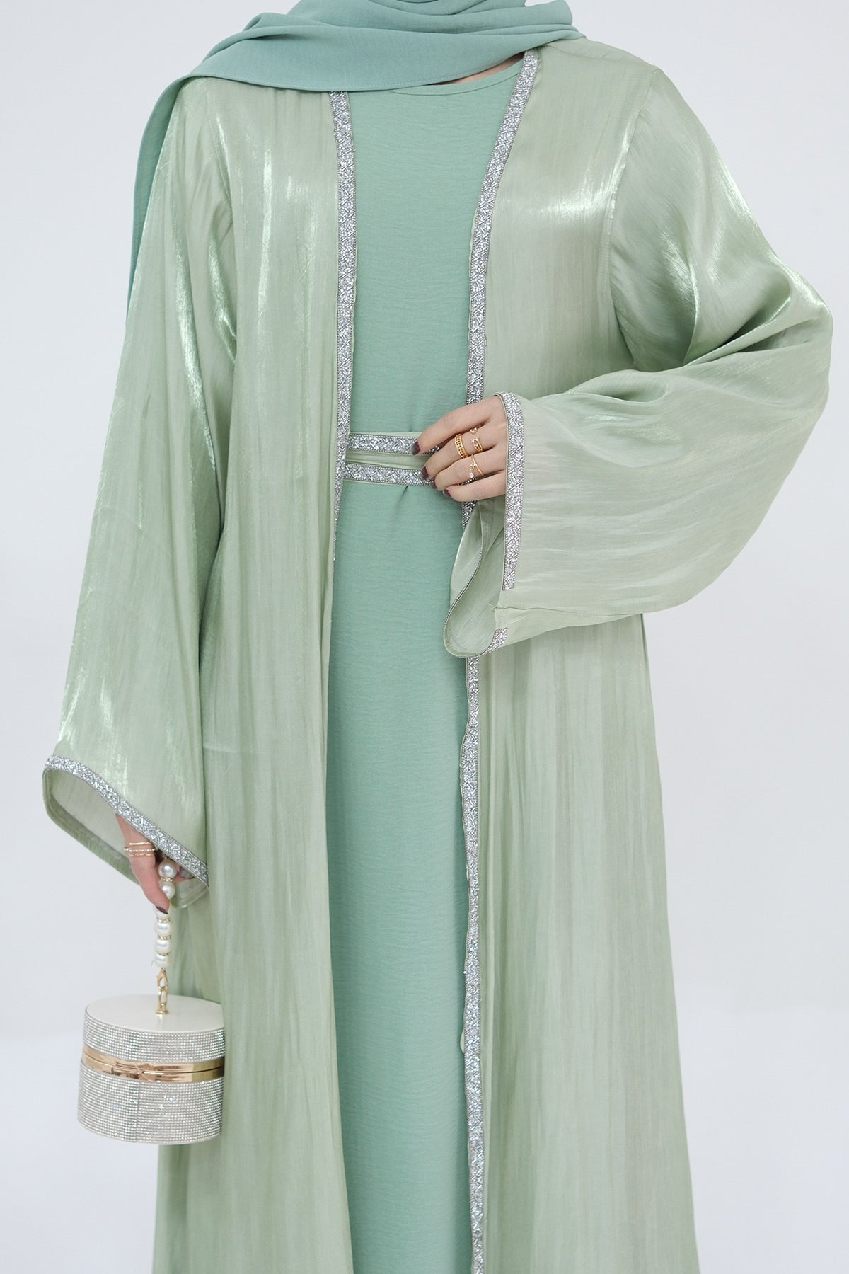 Ahmed Satin Open Abaya with Shiny Belt 699 - Mint Green
