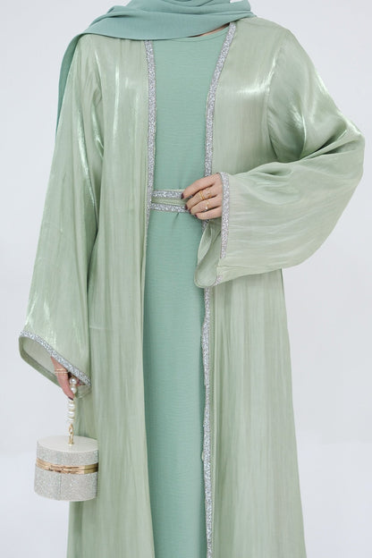 Ahmed Satin Open Abaya with Shiny Belt 699 - Mint Green