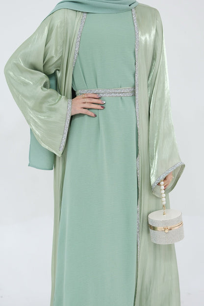 Ahmed Satin Open Abaya with Shiny Belt 699 - Mint Green