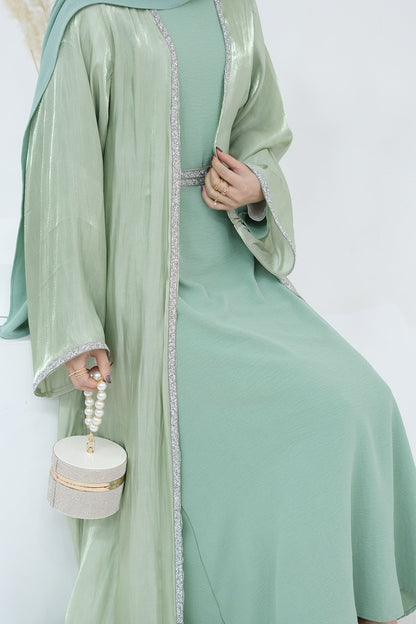 Ahmed Satin Open Abaya with Shiny Belt 699 - Mint Green