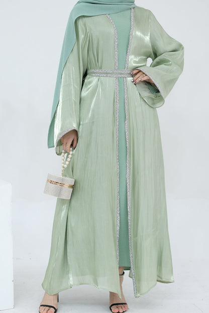 Ahmed Satin Open Abaya with Shiny Belt 699 - Mint Green