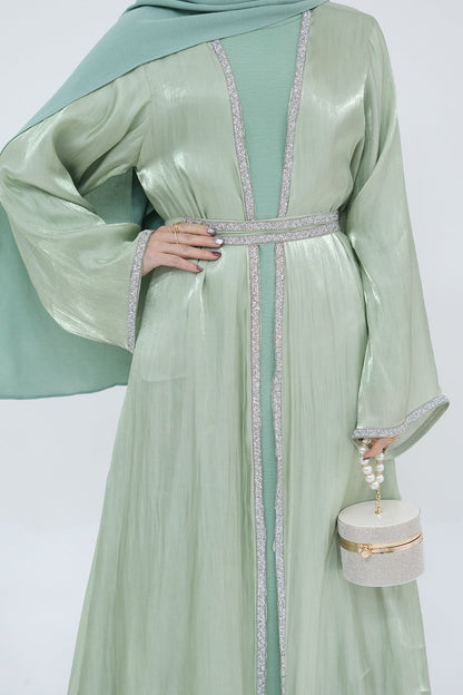 Ahmed Satin Open Abaya with Shiny Belt 699 - Mint Green