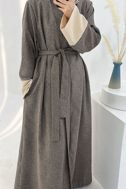 Hassan Cotton and Linen Open Abaya with Belt 744 - Coffee